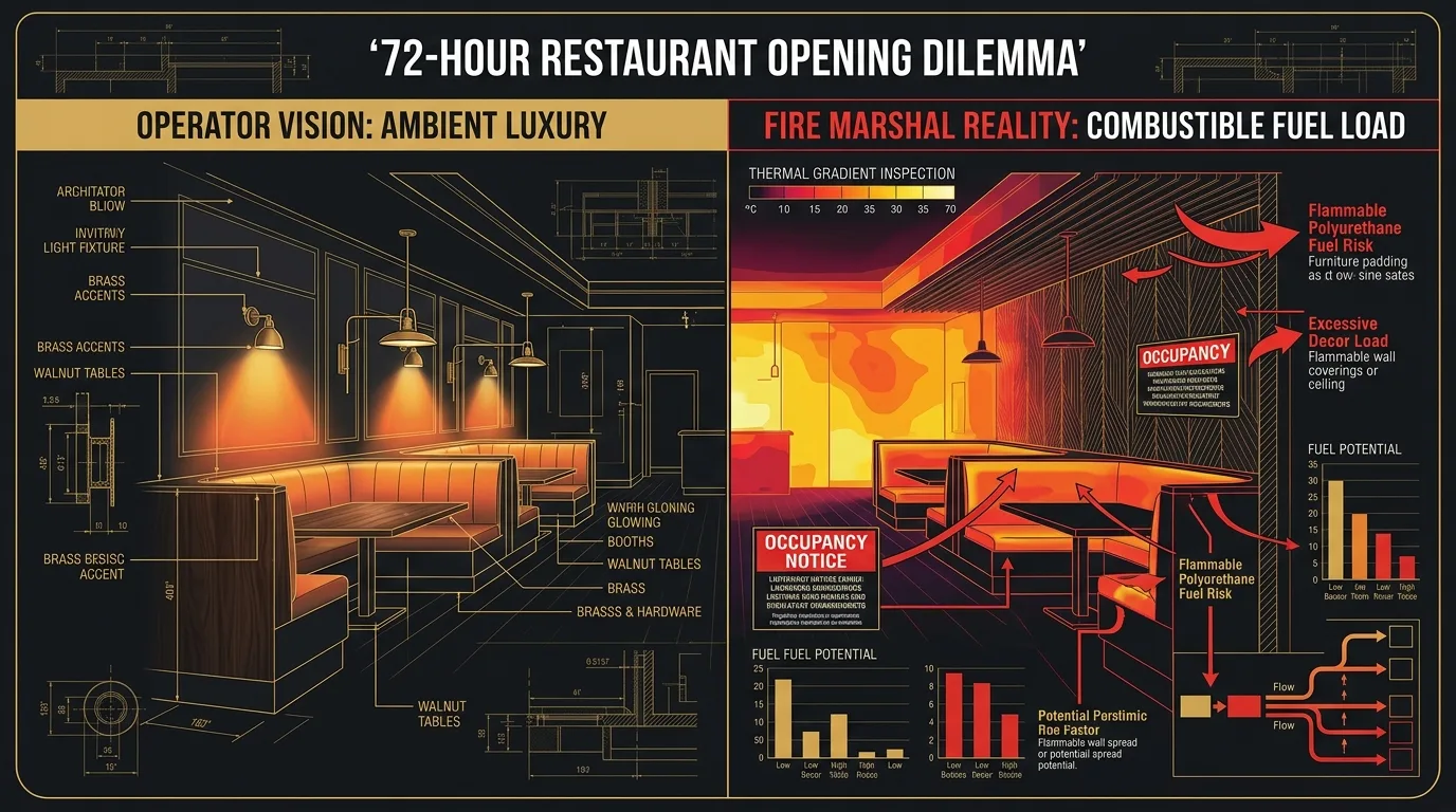 The 72-Hour Hospitality Dilemma: Interior Design Ambience vs. Fire Marshal Thermodynamic Fuel Load
