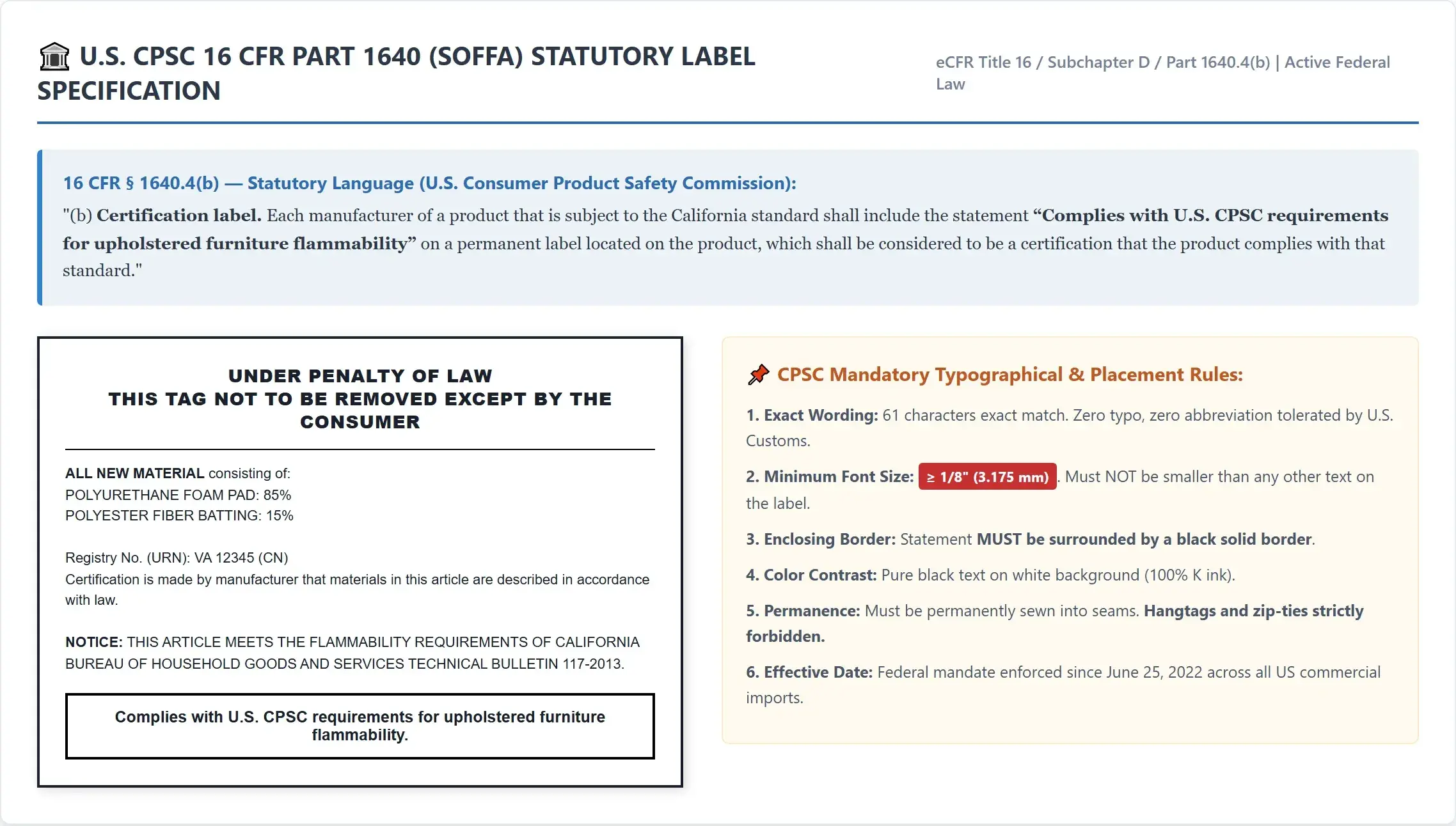 U.S. CPSC 16 CFR Part 1640 Statutory Law Label Engineering Specification