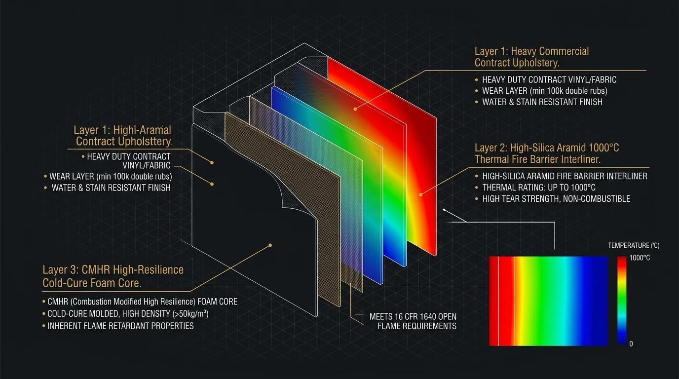 Multi-Layer Commercial Booth Upholstery Fire Barrier Architecture