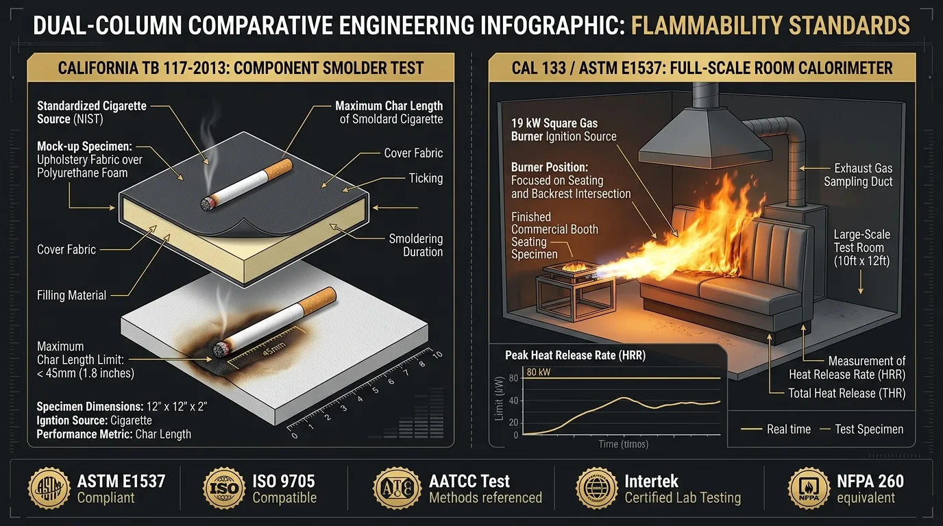 The Flammability Testing Chasm: TB 117-2013 Smolder Test vs. CAL 133 / ASTM E1537 19kW Open Flame Calorimeter Burn