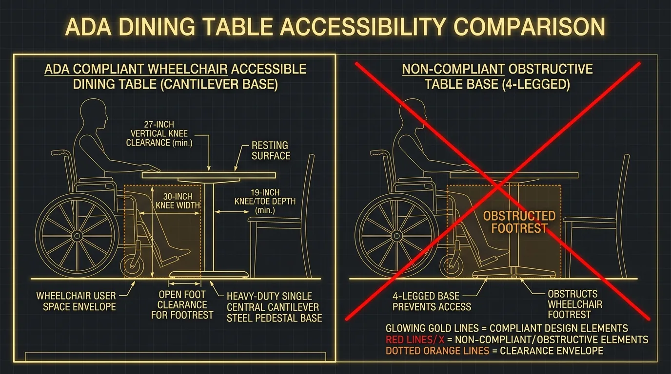 ADA Wheelchair Dining Table Accessibility Comparison: Cantilever Base vs. Obstructive 4-Legged Trap