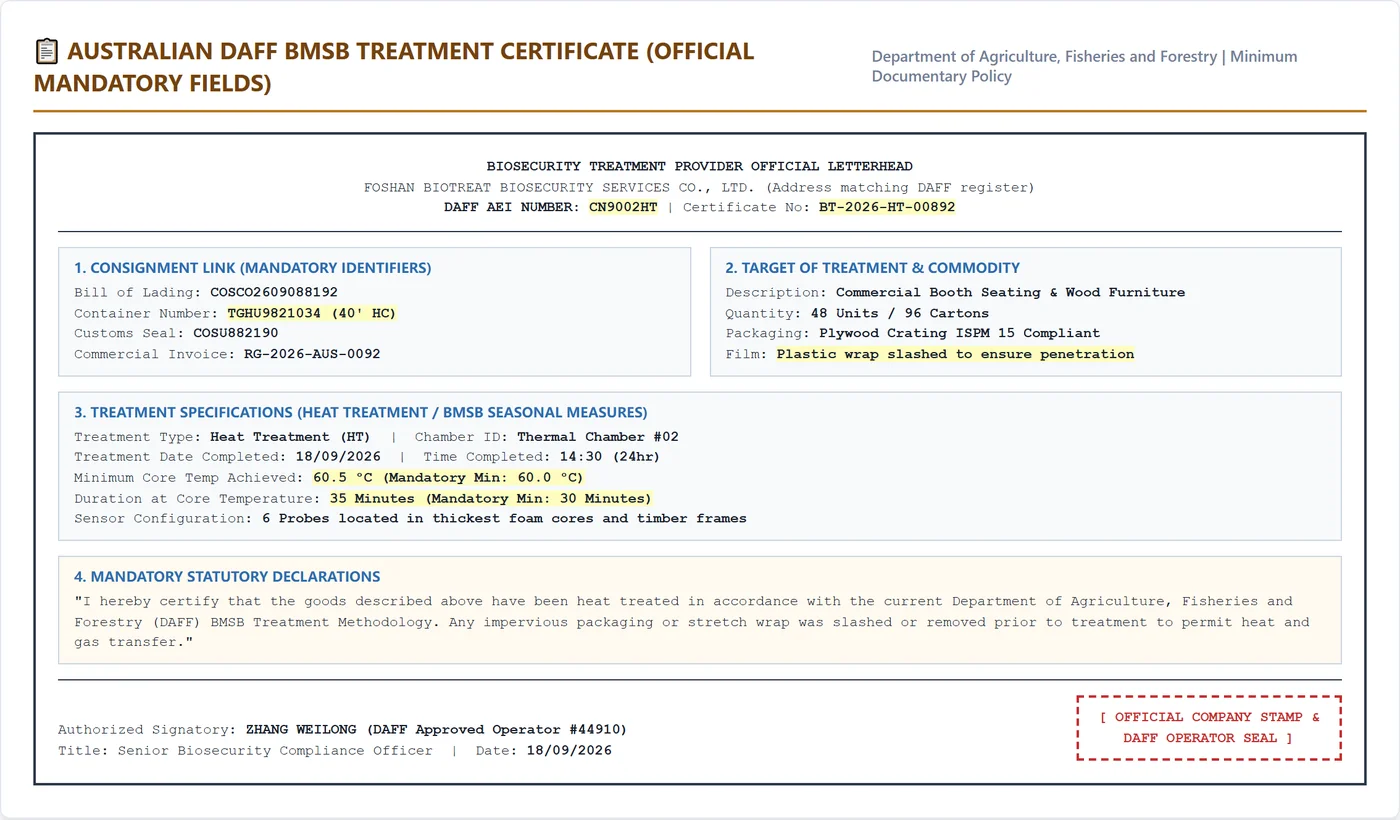 Australian DAFF BMSB Treatment Certificate Mandatory Fields Exemplar