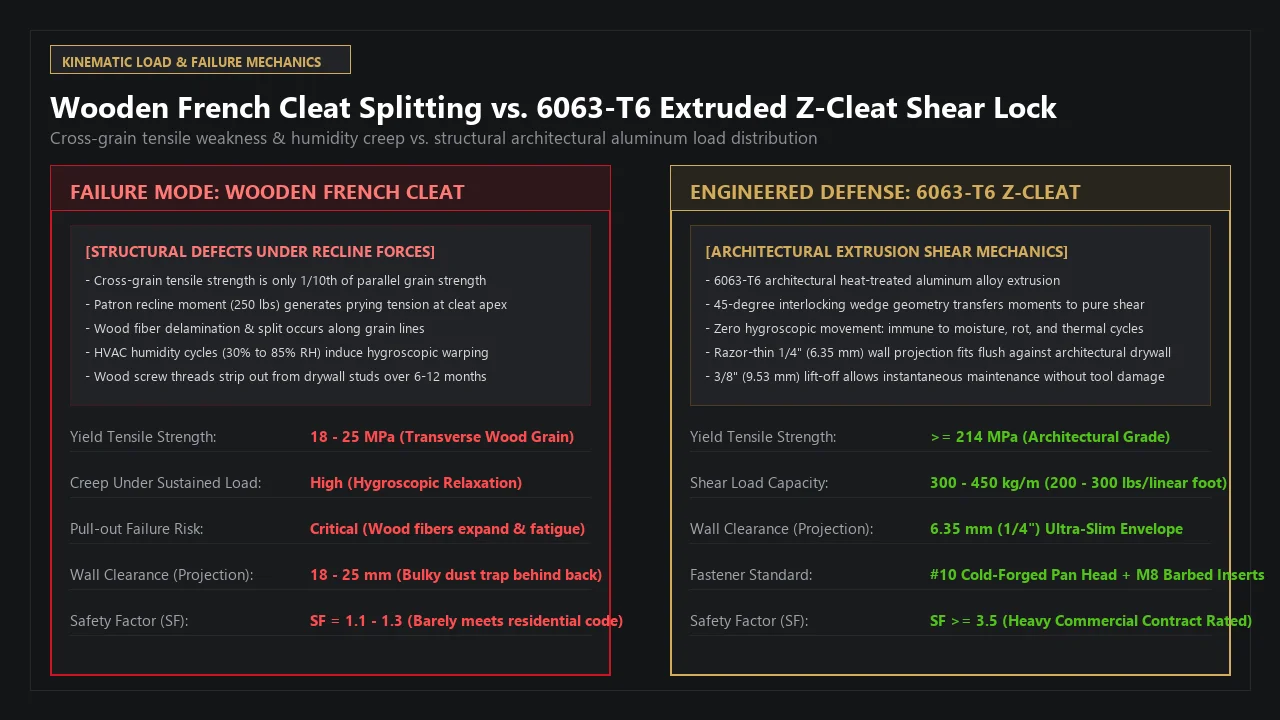 Kinematic Comparison of Wooden French Cleat Failure vs 6063-T6 Aluminum Z-Cleat Shear Lock