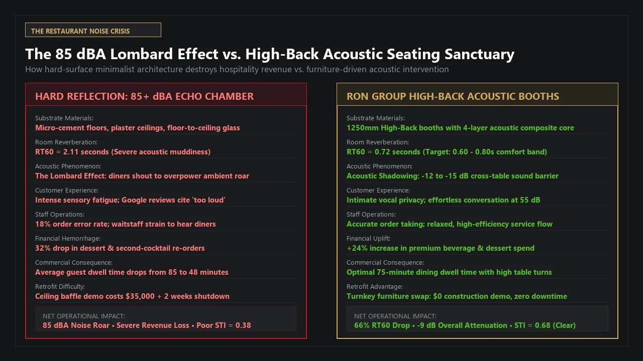The 85 dBA Restaurant Noise Crisis vs High-Back Acoustic Booth Seating Sanctuary
