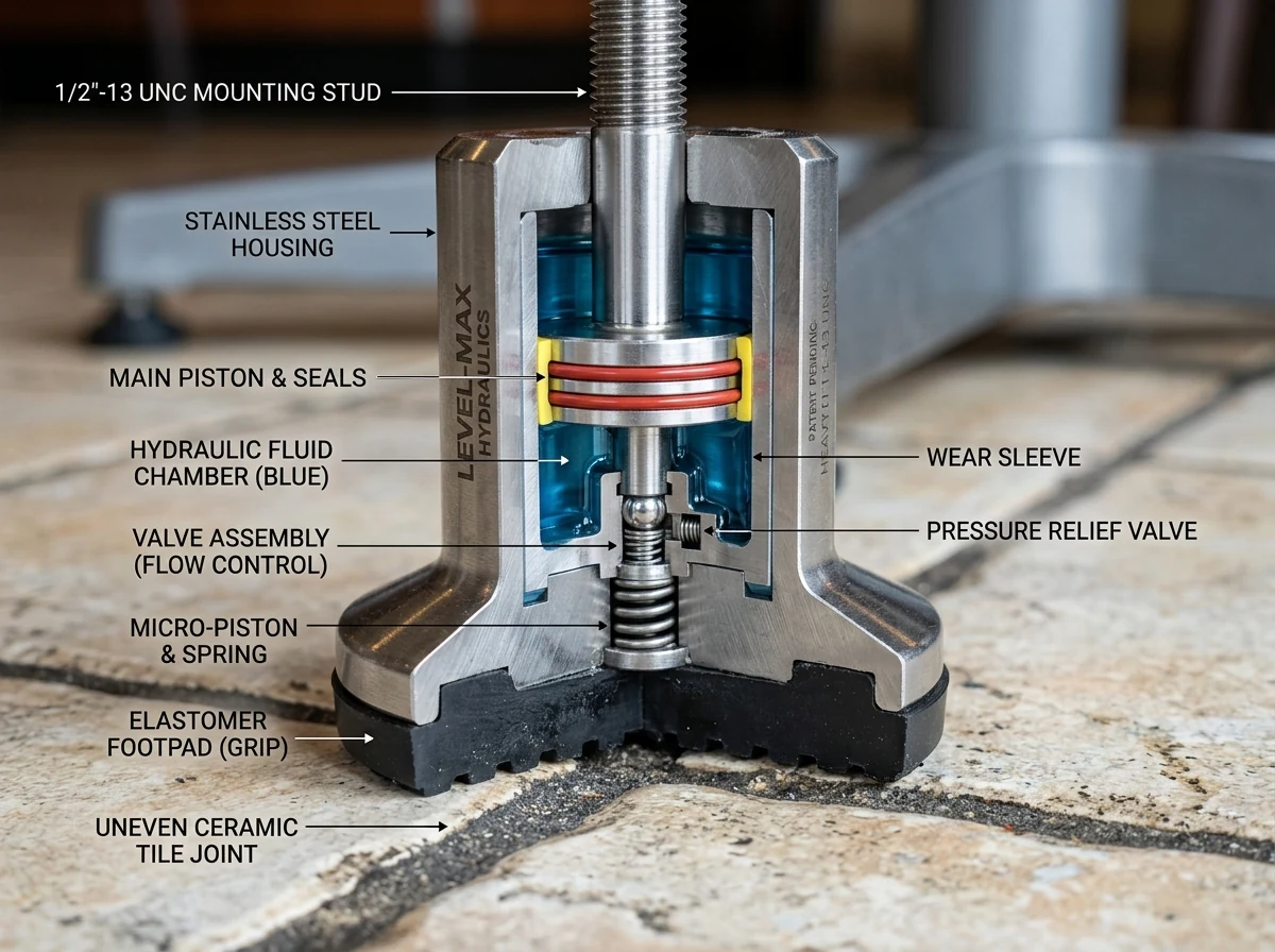 Macro Engineering Cutaway of Hydraulic Self-Leveling Table Glide on Uneven Tile Grout
