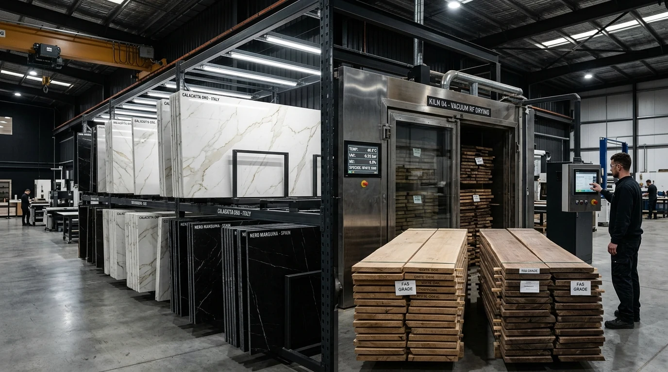 High-density sintered stone slabs and kiln-dried hardwood conditioning warehouse