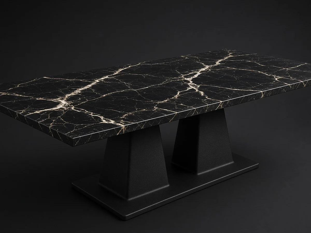 Product render — Nero Marquina Black & Gold Dining Table