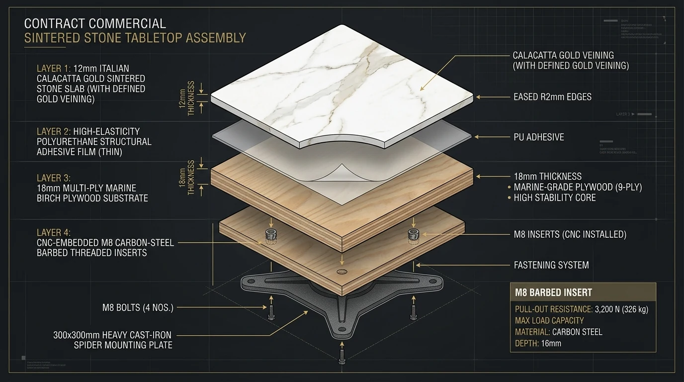 12mm Sintered Stone Table Substrate and Spider CAD Blueprint Cutaway
