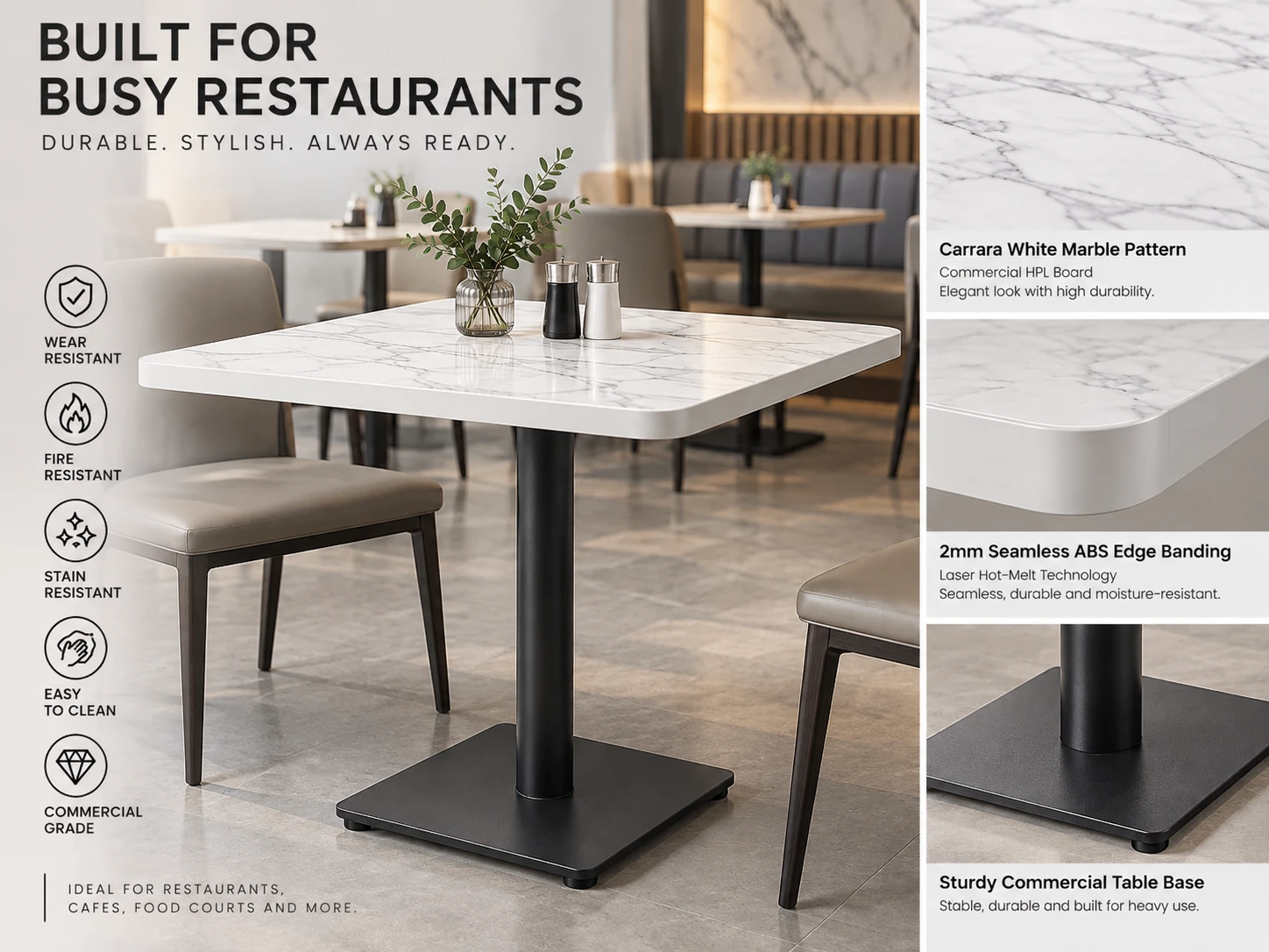 Commercial HPL Restaurant Tabletop with 2mm Laser Seamless ABS Edge Banding