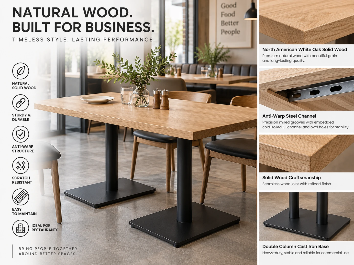 Commercial Solid Hardwood White Oak Table with Steel C-Channel Reinforcement