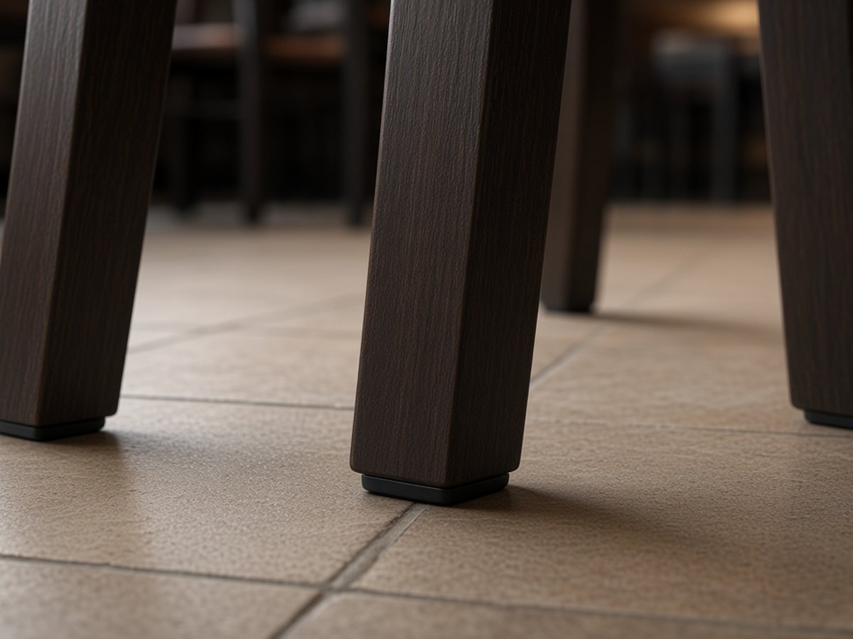 Commercial dining chair legs firmly planted on restaurant floor tiles with glides