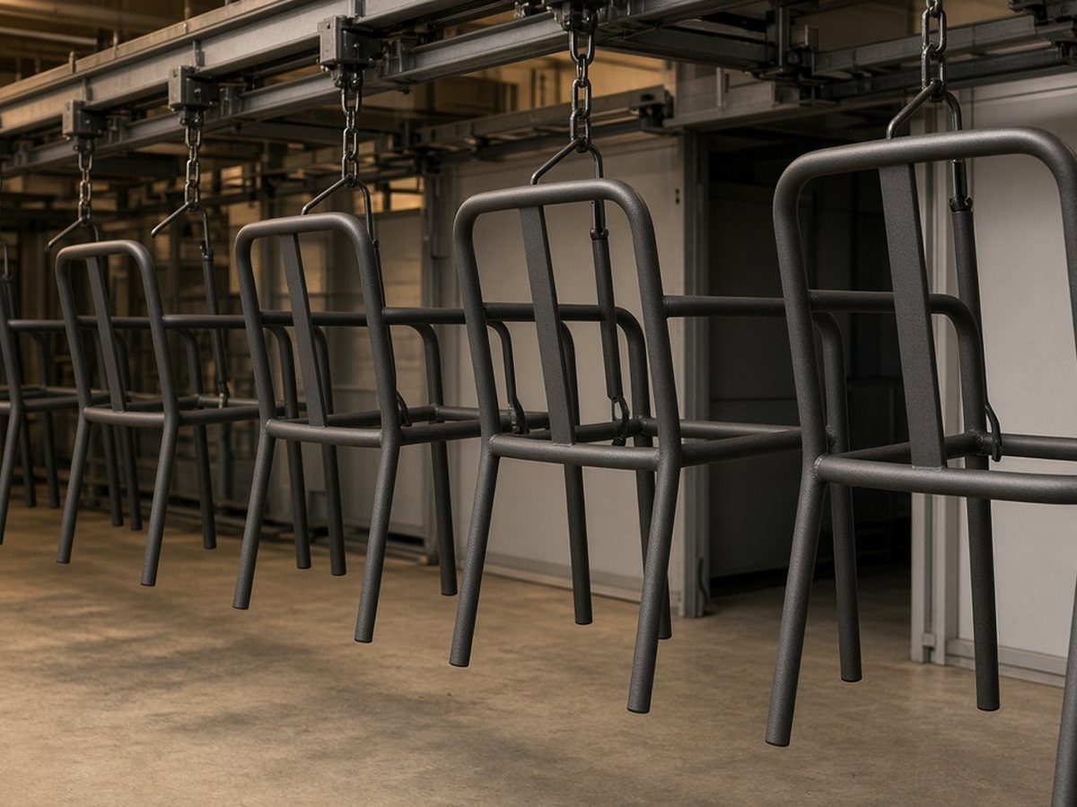 Powder-coated dining chair frames on a finish conveyor line