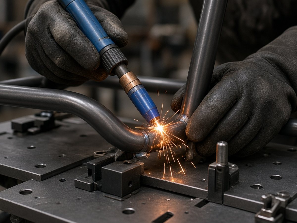 Steel commercial dining chair frame welding on fixture table