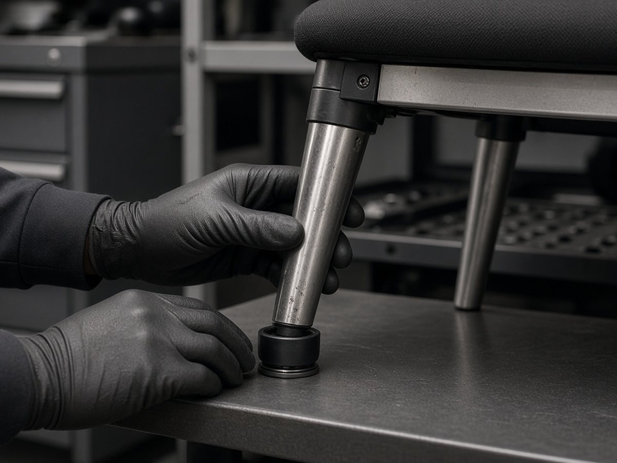 Technician fitting a replaceable glide during chair bench check