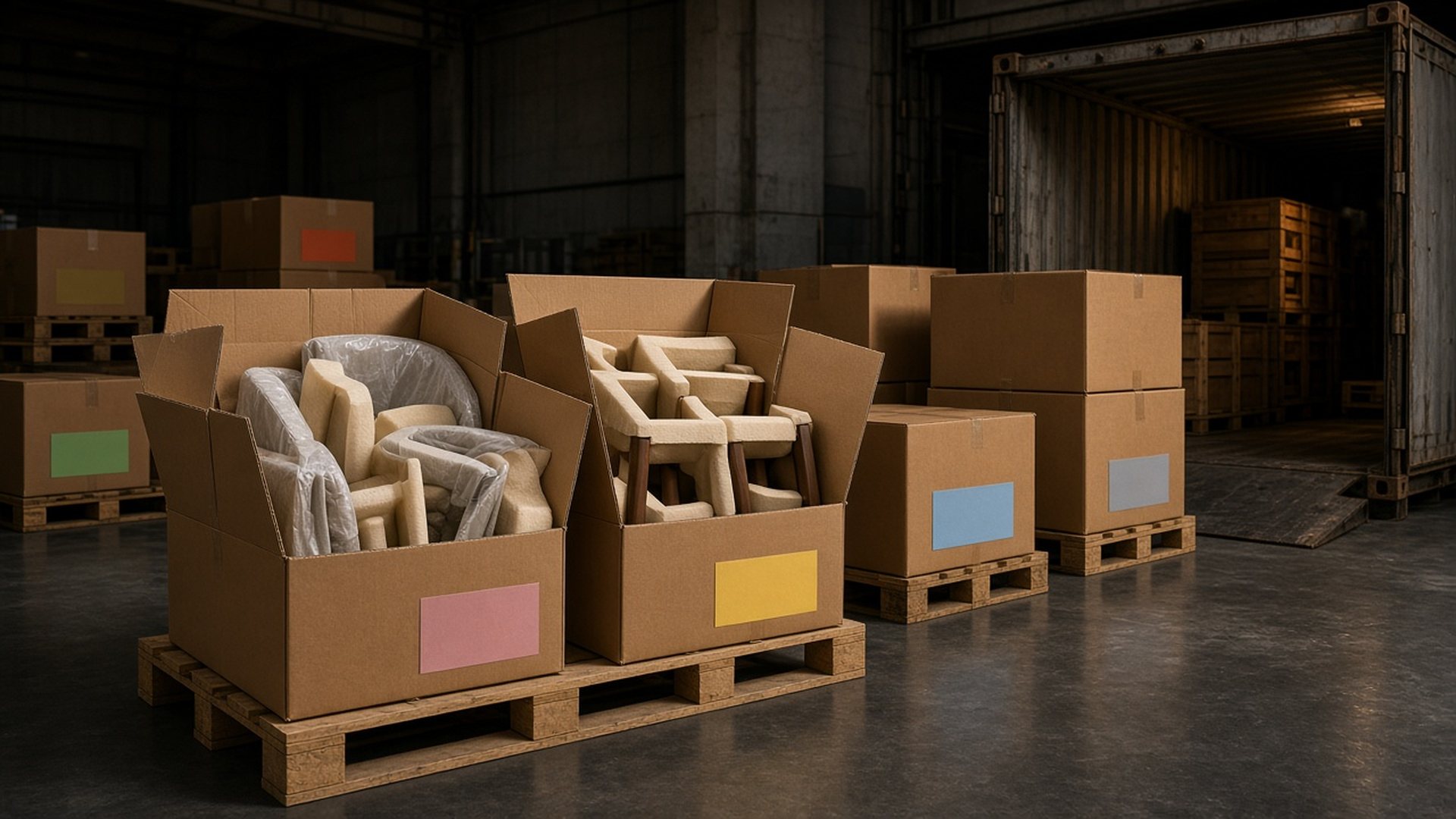Contract dining chairs packed for export consolidation