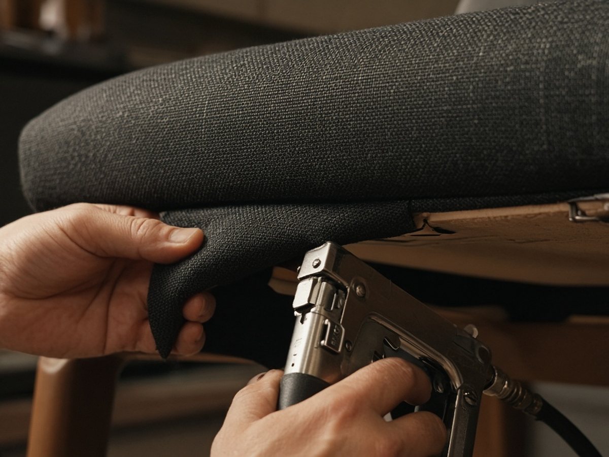 Upholstered contract seating cover being stapled on a workbench