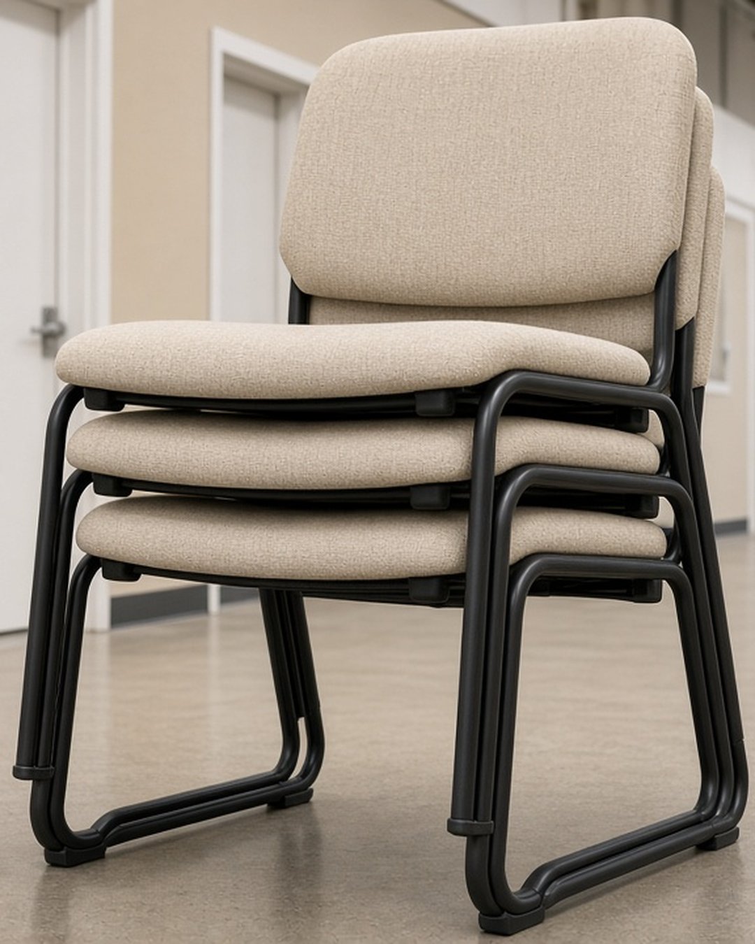 Bright stack of banquet dining chairs with black frames and beige upholstery
