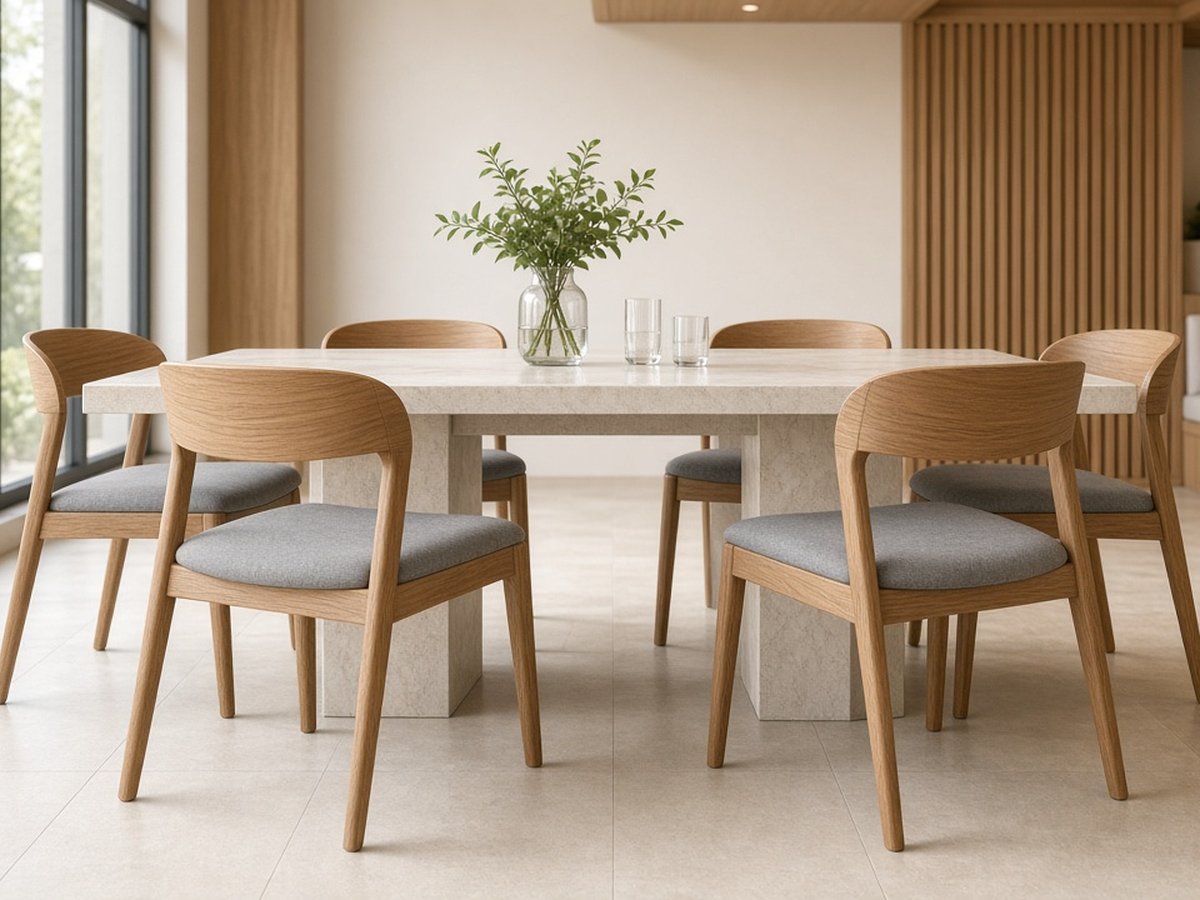 Bright restaurant dining room with wood dining chairs around a stone table