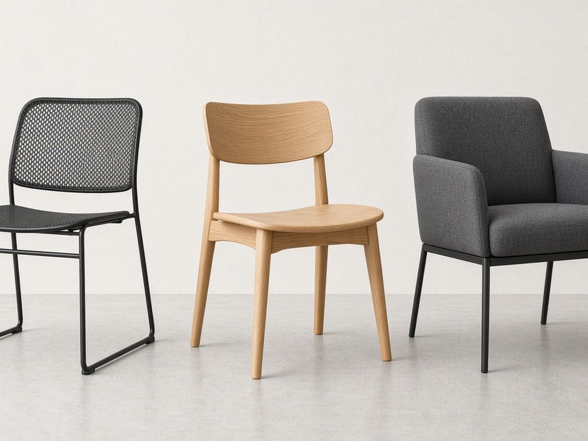 Bright studio lineup of metal wood and upholstered contract dining chairs