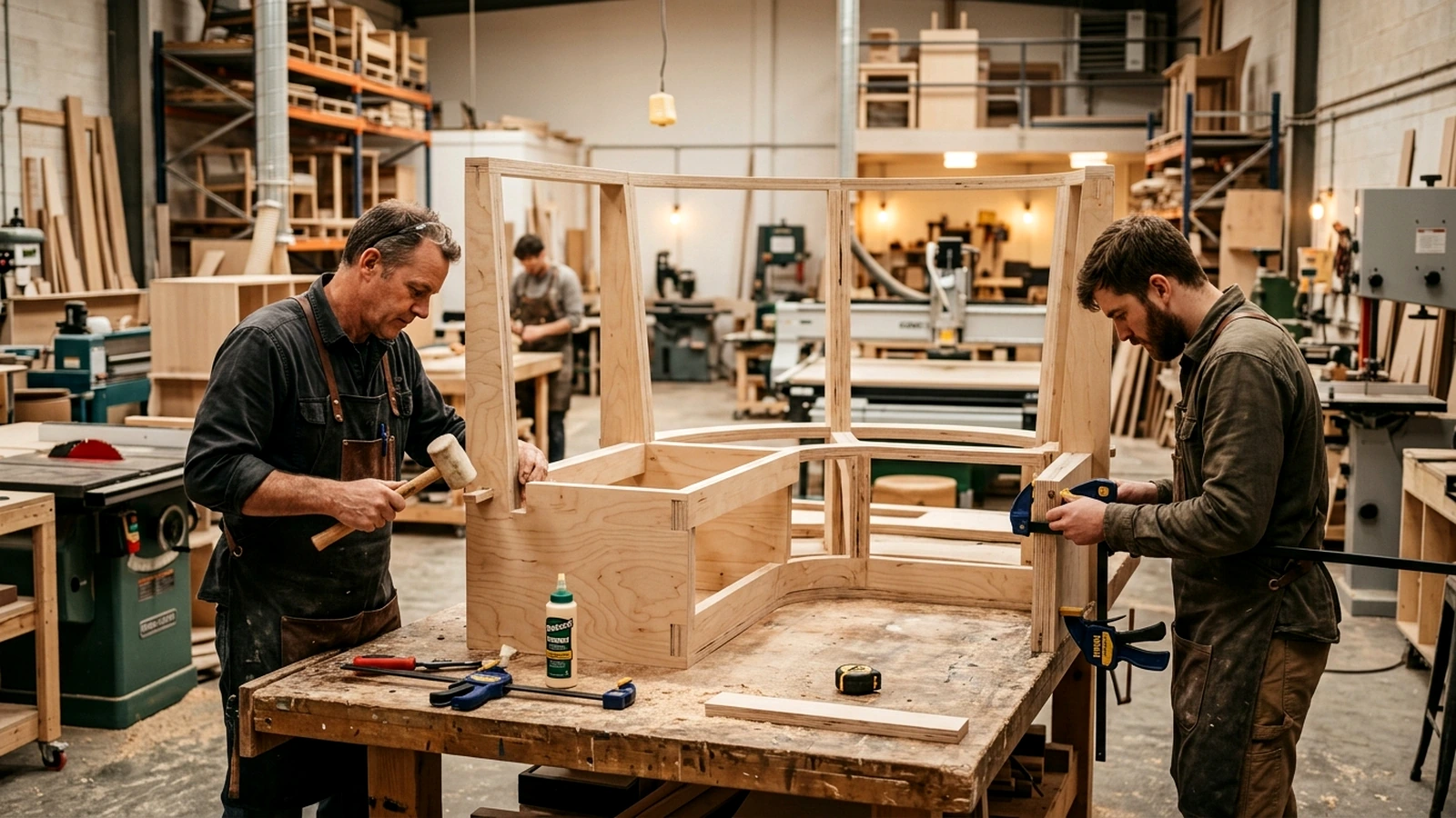 Master carpenters assembling 18mm birch marine plywood booth skeletons and 9-gauge sinuous steel spring suspension in Longjiang