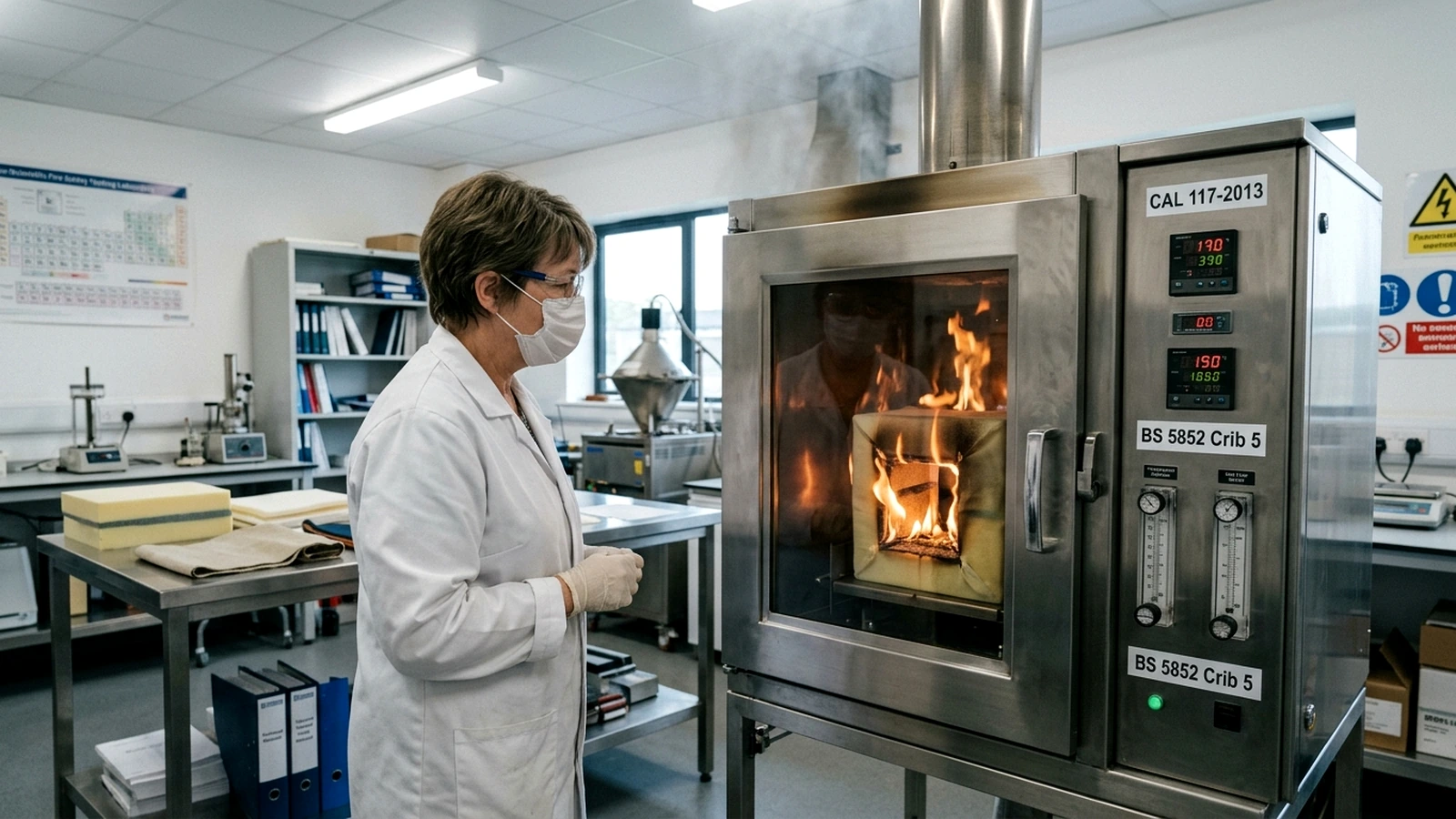 Accredited laboratory flammability test chamber performing CAL 117-2013 and BS 5852 Crib 5 combustion testing on foam mockups