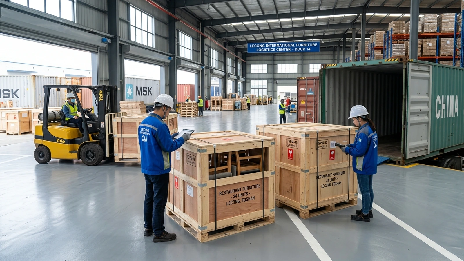 Ron Group central Lecong logistics staging facility with QA engineers inspecting export crated furniture for container consolidation