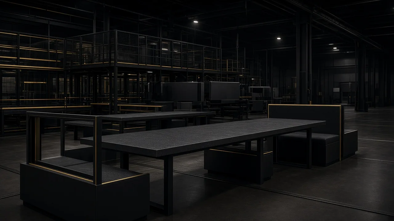 Dark industrial showroom with commercial booth seating and dining tables representing RON GROUP Foshan manufacturing