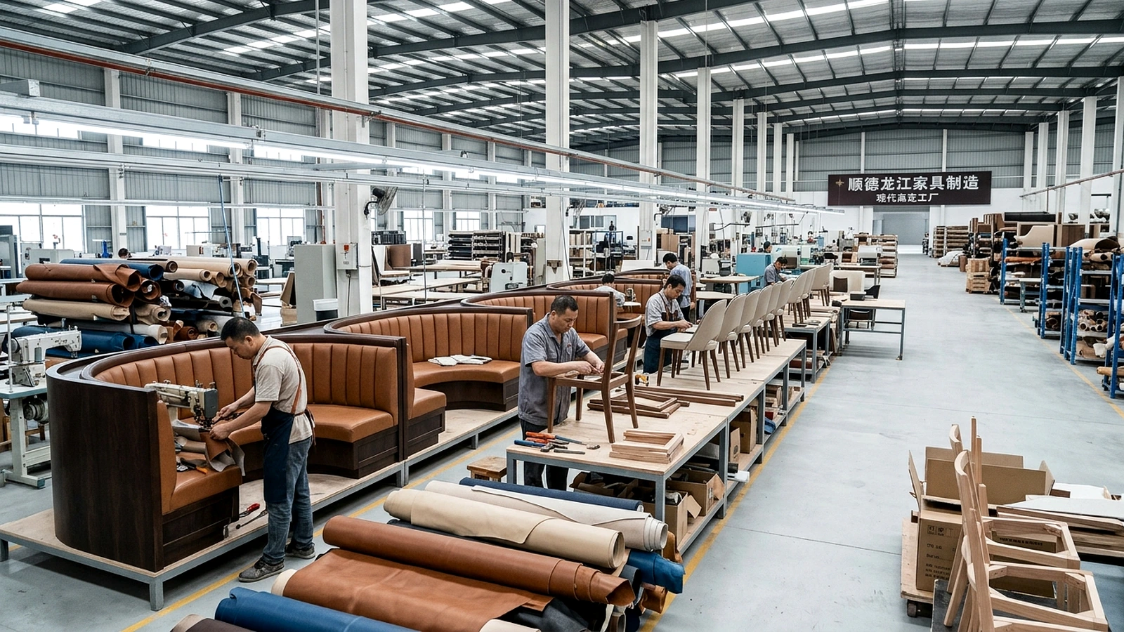 Active manufacturing floor in Longjiang Shunde showing master upholsterers crafting contract banquette seating