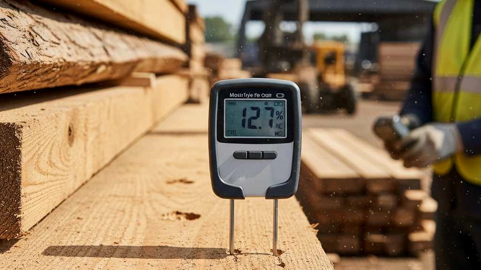 Stationed QA inspector testing raw kiln-dried hardwood timber with digital pin moisture meter showing 9.4 percent