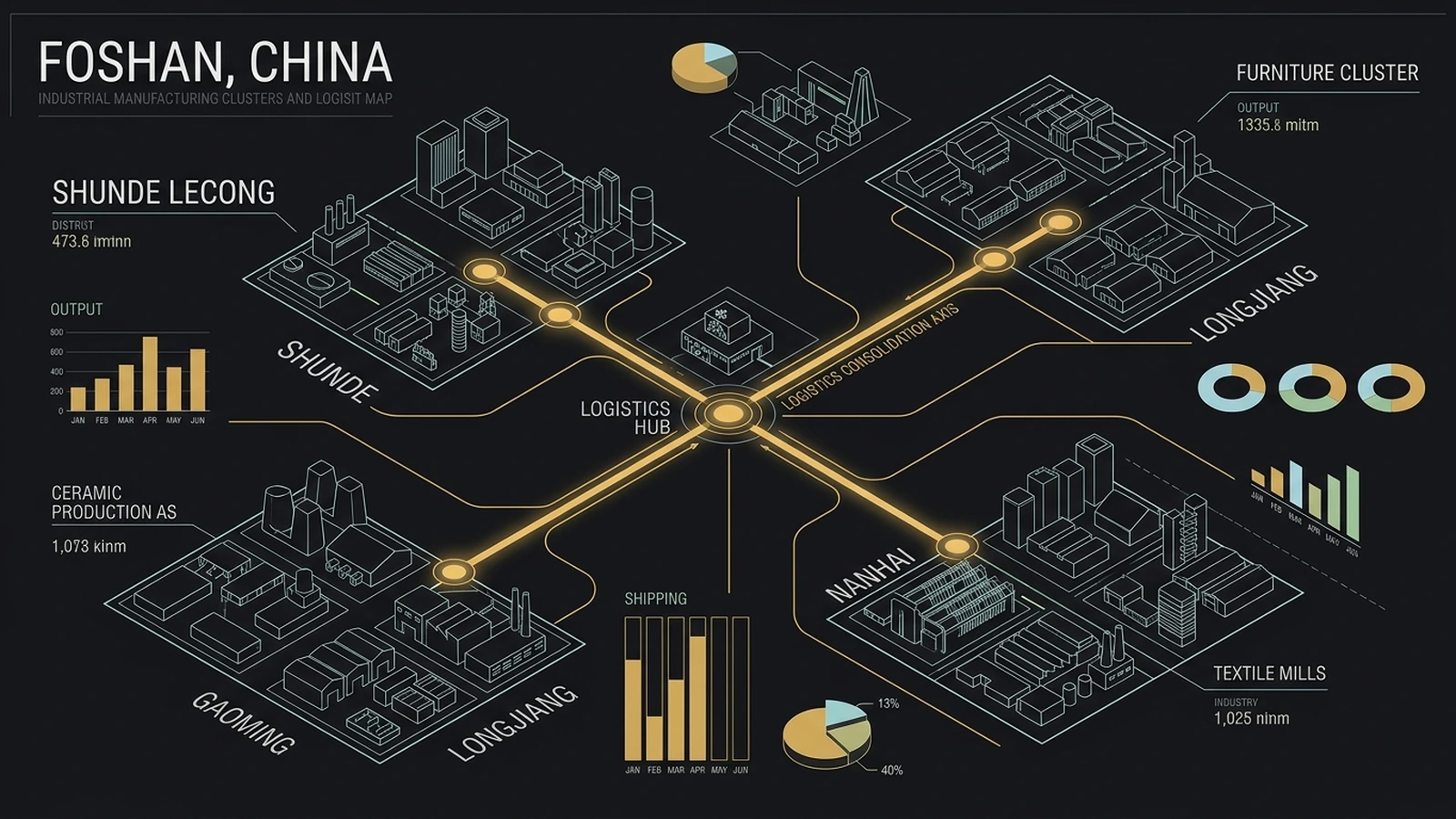 Architectural infographic map of Foshan furniture manufacturing districts connecting Longjiang, Lecong, Nanhai, and Gaoming to central logistics hub