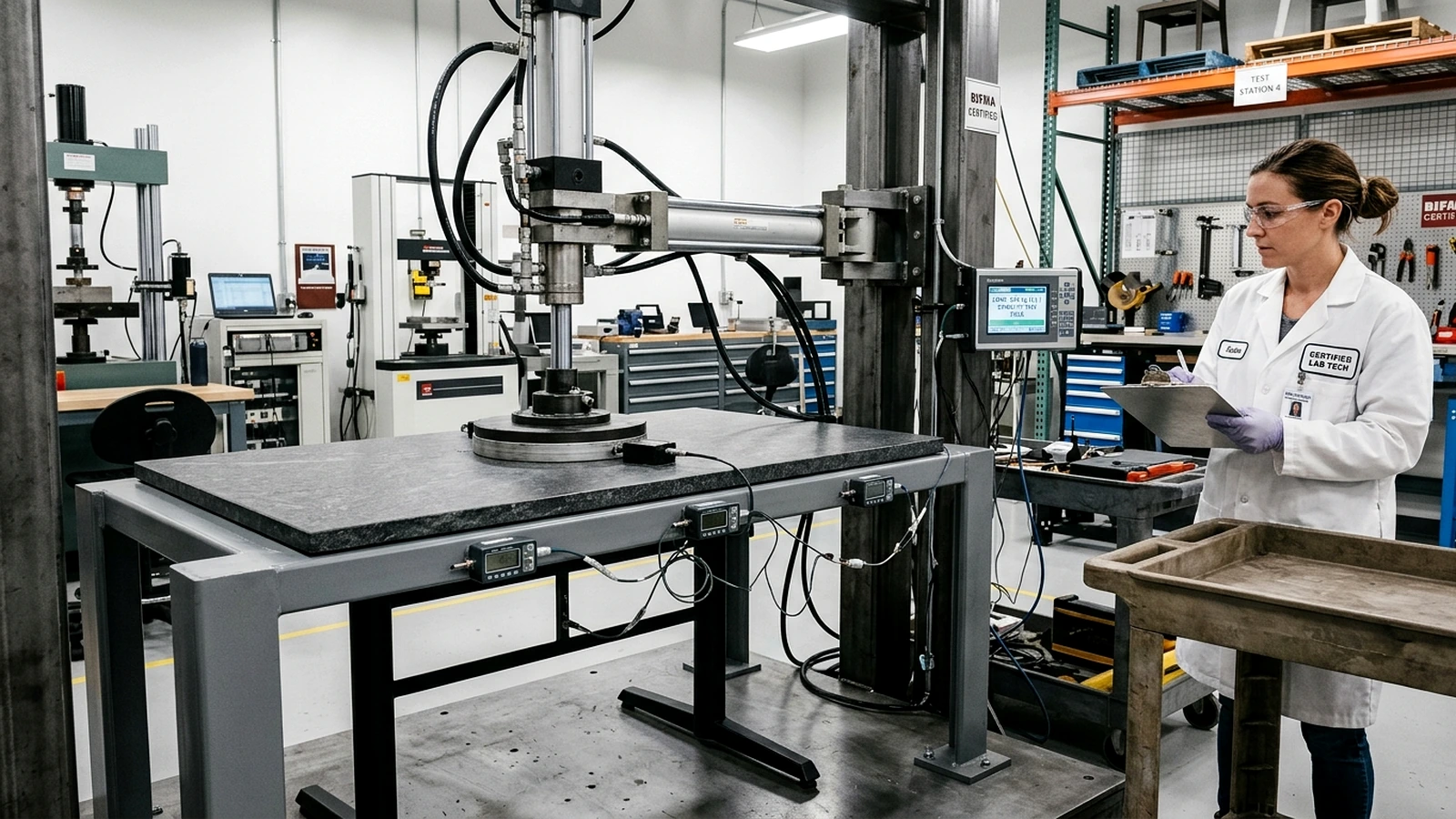 Laboratory testing rig performing ANSI BIFMA X5.5 concentrated horizontal force overturn test on commercial dining table