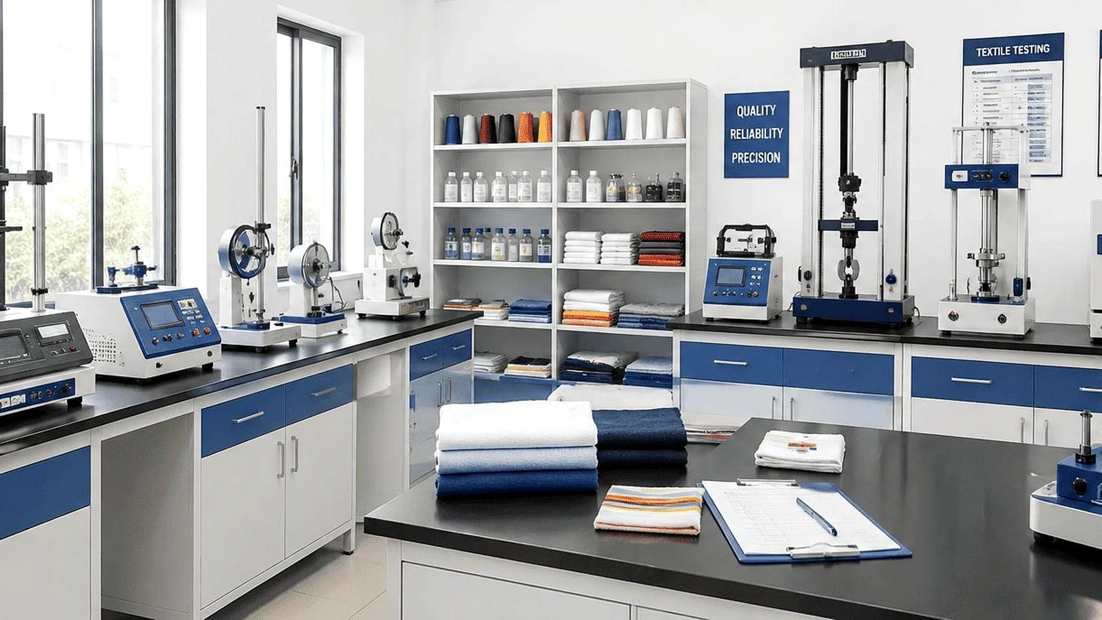 Automated Wyzenbeek and Martindale oscillating cylinder abrasion testing machine evaluating commercial vinyl fabric