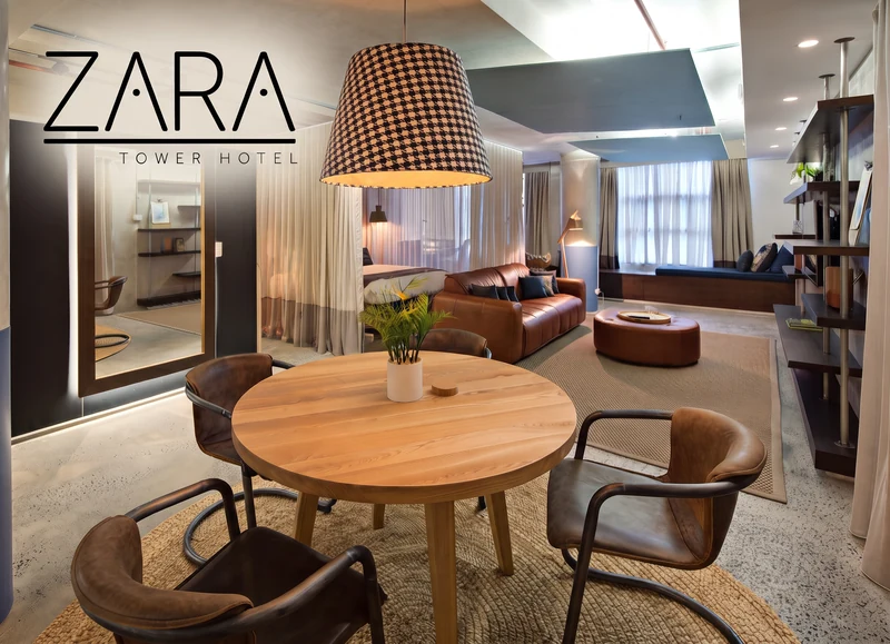 Zara Tower Hotel suite with timber dining table, contemporary lounge furnishings and woven pendant lighting