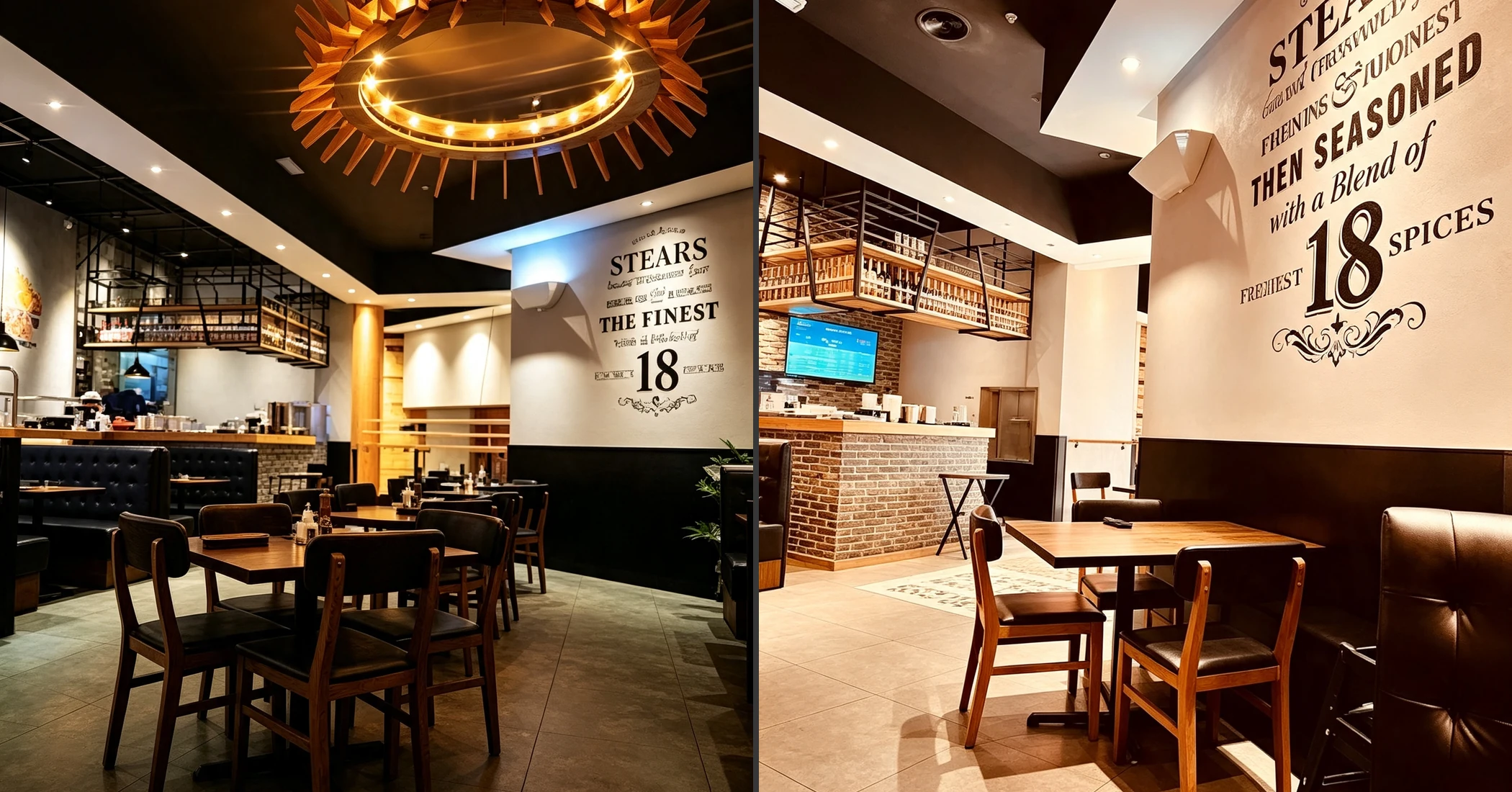 RON GROUP Foshan hospitality procurement studio comparing concept layout with delivered restaurant booth seating and lighting