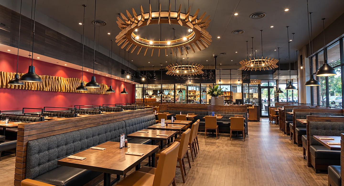 Warm modern restaurant interior with upholstered booth seating, timber dining tables, circular pendant lighting, a red accent wall, and large windows