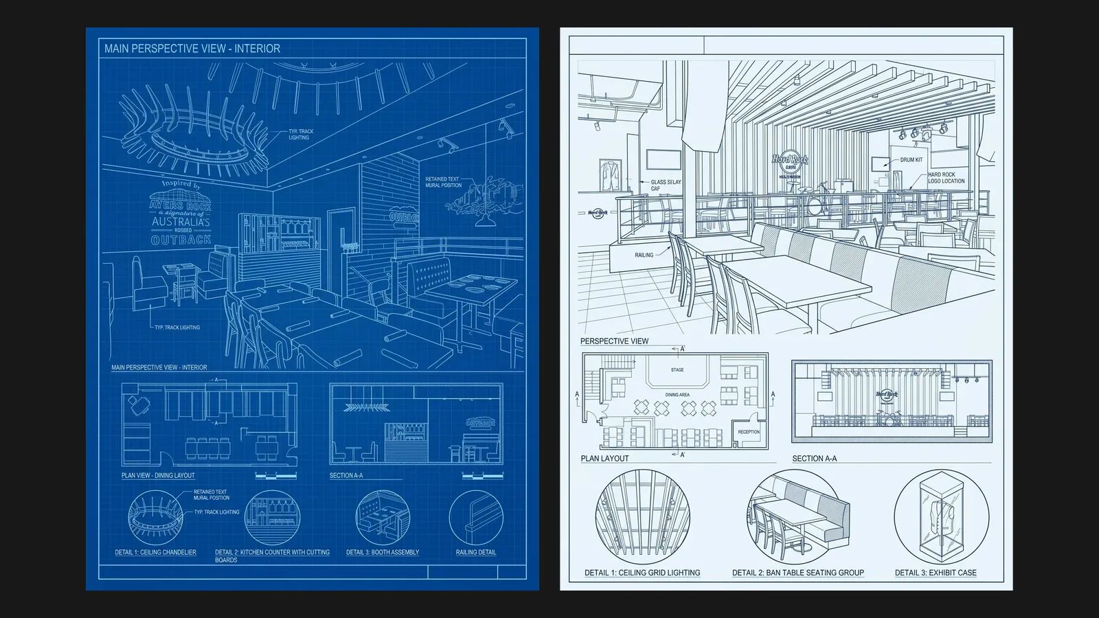 Outback Steakhouse and Hard Rock Cafe layout drawings