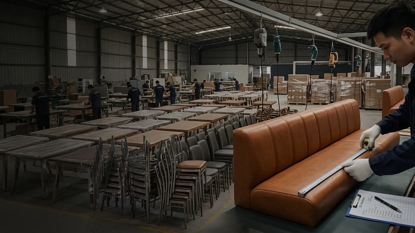 Upholstered booth quality inspection at the Foshan furniture factory