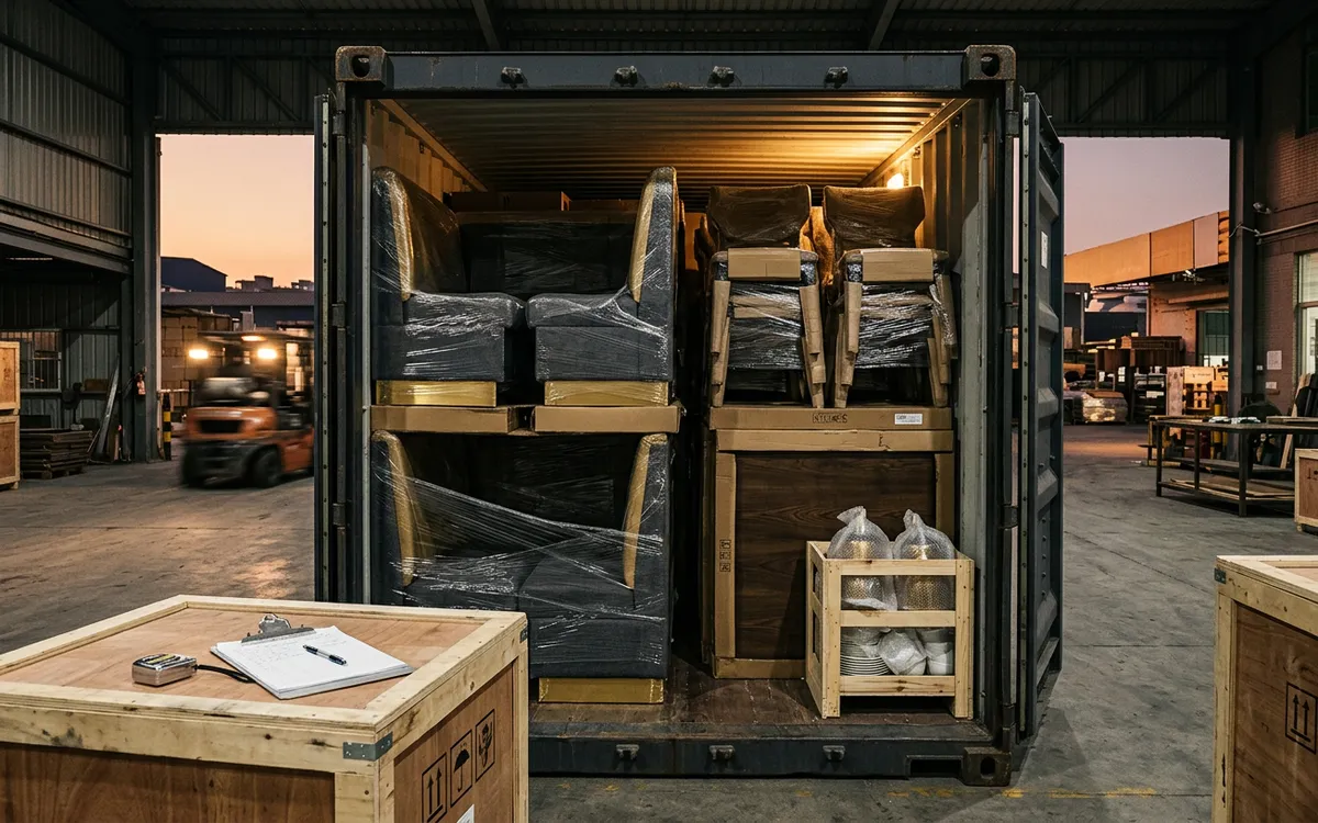 Restaurant furniture export-packed in a 40HQ container