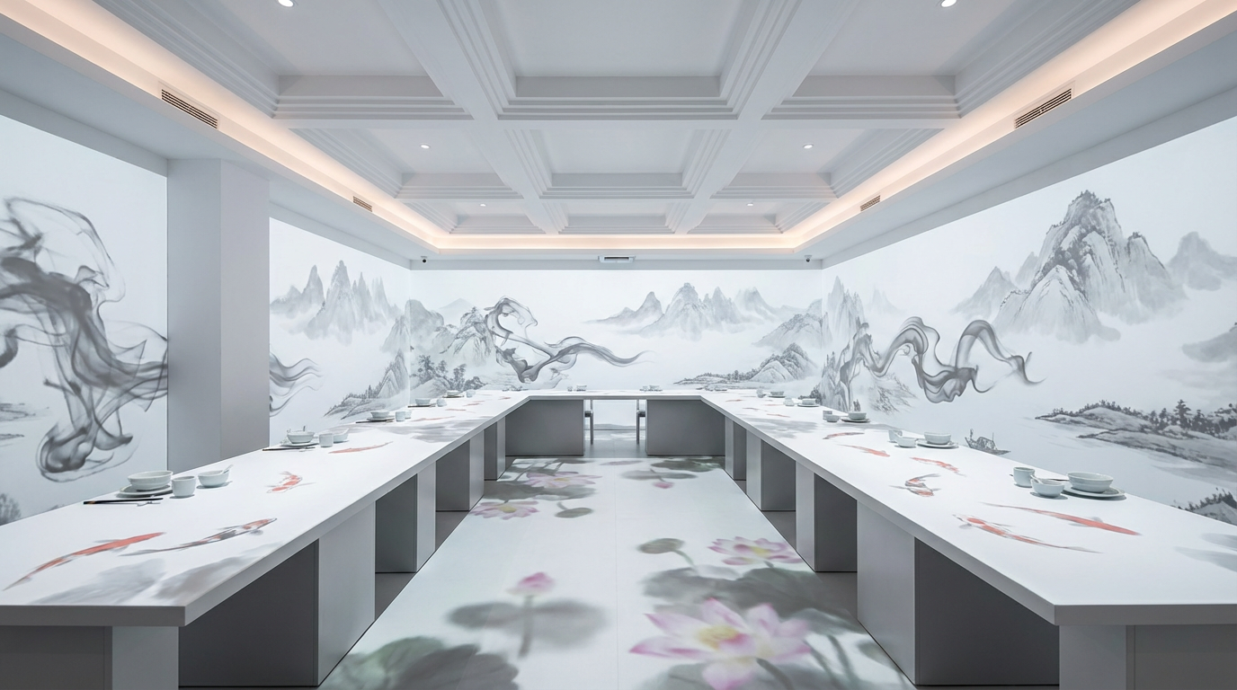 Futuristic immersive private dining room featuring 360-degree projection mapping of Chinese ink wash landscapes on walls, with interactive koi fish animations on white banquet tables.