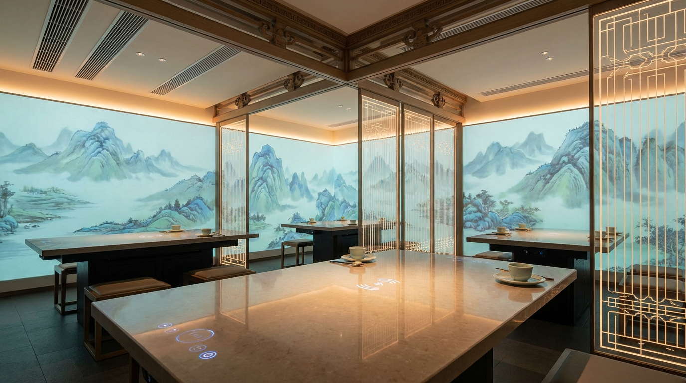 Smart dining room with invisible technology, featuring a marble table with integrated wireless charging and touch-surface projection controls, surrounded by interactive digital art walls.