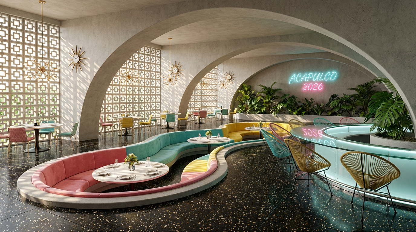 Mid-century Acapulco modernism meets retro-futurism in a pastel dining space with curved seating, neon wall sign, and terrazzo-style floor.