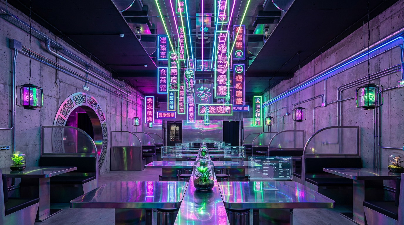 Futuristic cyberpunk restaurant interior with industrial concrete walls, hanging neon signs in traditional Chinese characters, and stainless steel tables featuring interactive holographic menu displays.