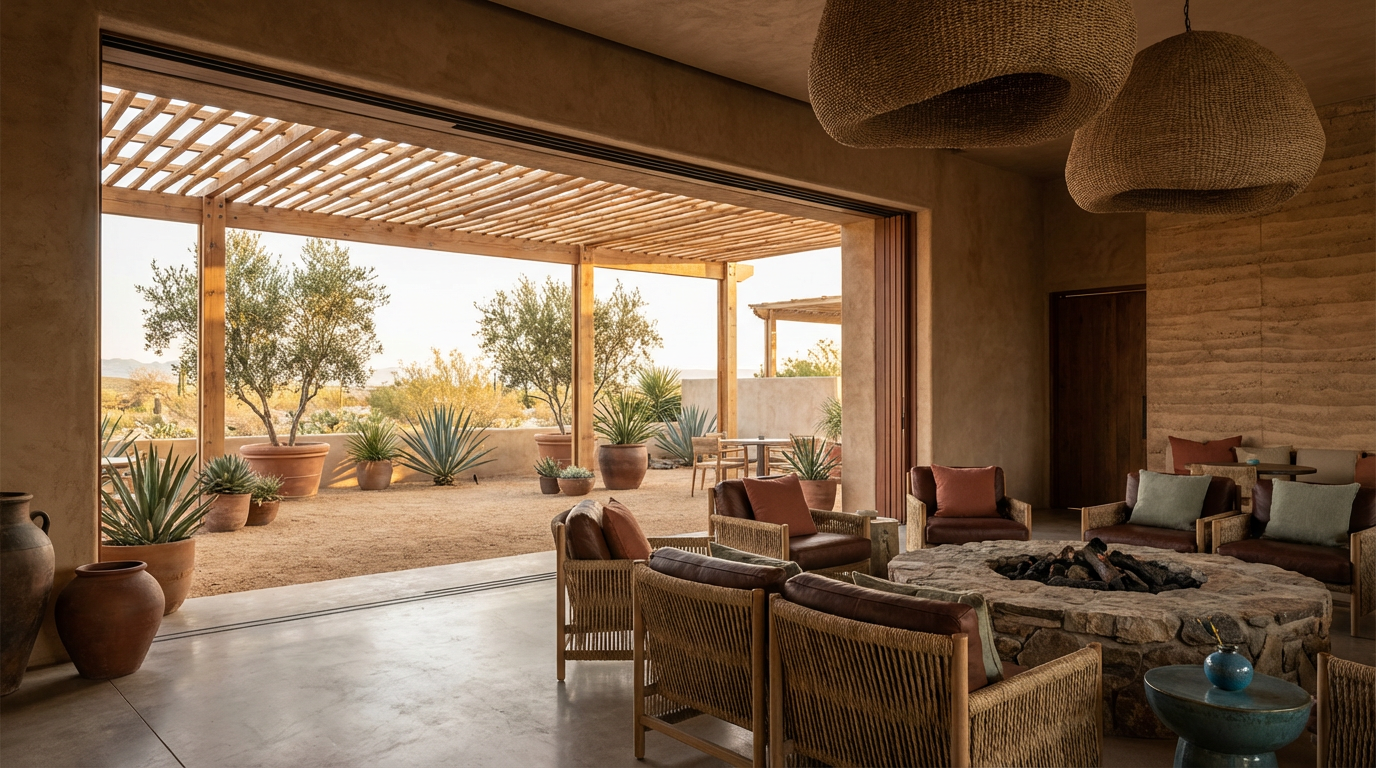 Baja-Med indoor-outdoor restaurant featuring a seamless transition through floor-to-ceiling sliding glass doors, adobe-style walls, wooden lattice pergola ceiling, and woven rattan furniture overlooking a desert terrace with agave plants.