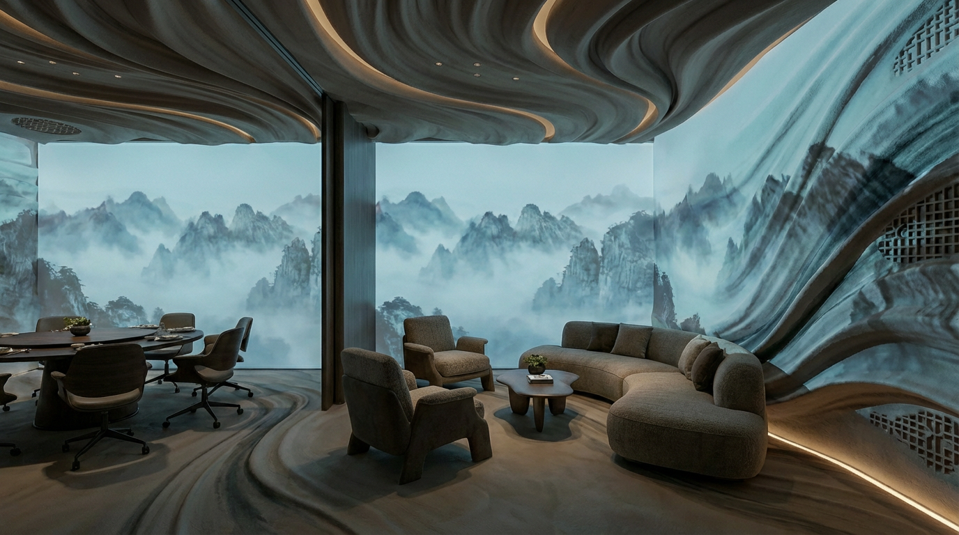 Modern luxury private dining suite with a curved lounge area and round banquet table, designed with organic architectural lines and floor-to-ceiling projection mapping of a serene Neo-Chinese landscape.