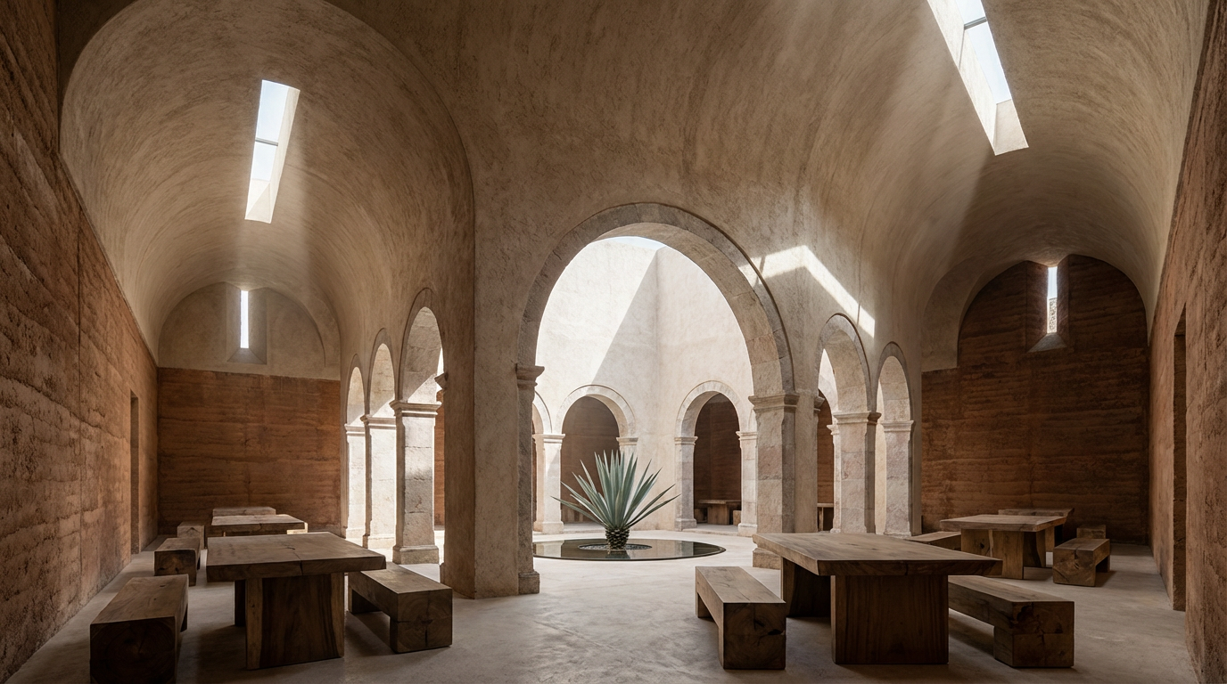 Sacred Minimalism restaurant interior with restrained palette, precise lighting, and contemplative atmosphere