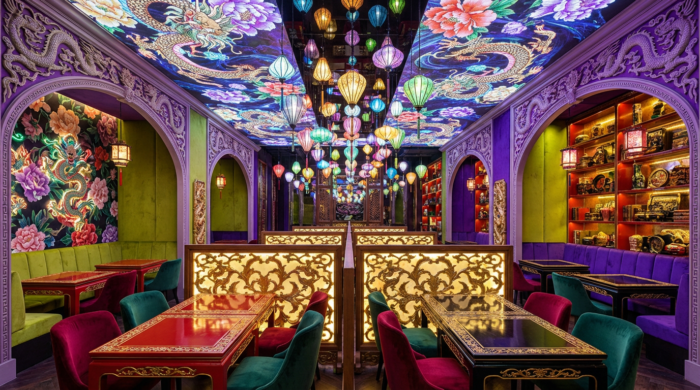 Luxurious Asian-fusion dining hall illuminated by a canopy of hanging lanterns, with intricate gold lattice dividers, neon-lit dragon wall art, and plush velvet booths creating a dramatic atmosphere.