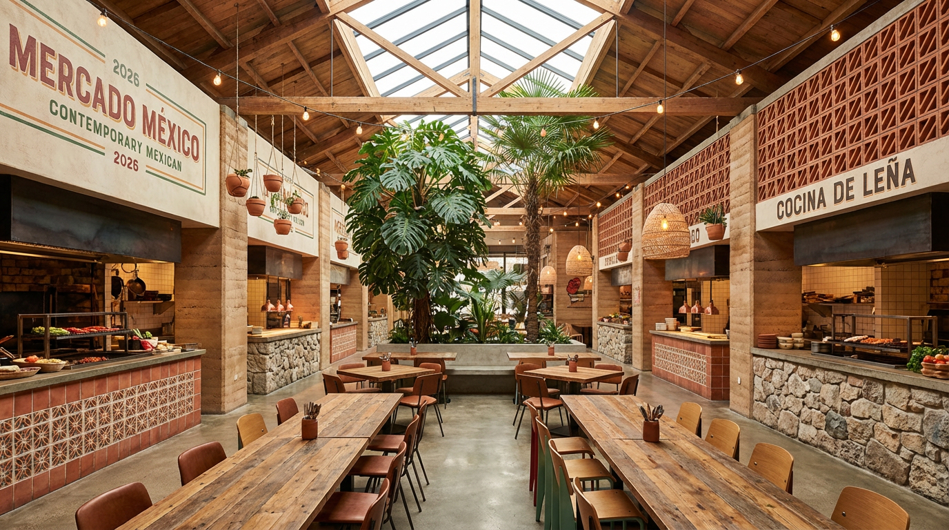Mercado Contemporary restaurant interior inspired by traditional Mexican market halls, featuring exposed wooden beam ceiling with central skylight, terracotta brick food stalls labeled 'Mercado Mexico' and 'Cocina de Leña', long communal dining tables, and hanging woven pendant lights.