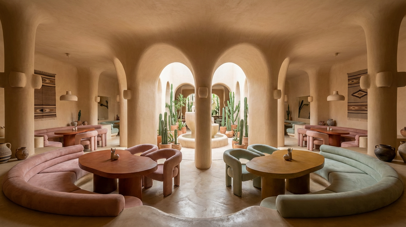 Neotenic Hacienda restaurant interior featuring chunky, rounded furniture in pastel pink and mint green, set within a sunlit courtyard with traditional adobe arches and a central stone fountain.