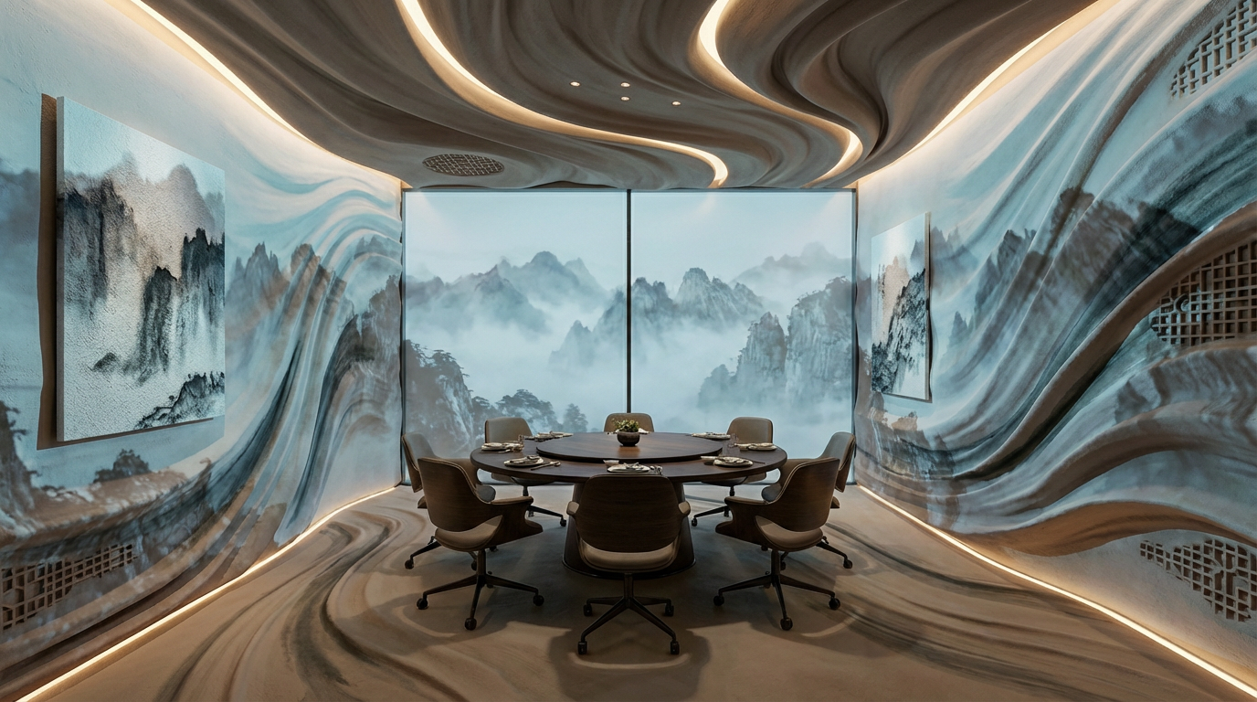 Private Dining Room (PDR) 2.0 interior featuring a fluid wave-like ceiling with embedded LED lighting, surrounded by 360-degree digital walls displaying misty mountain landscapes for an immersive guest experience.