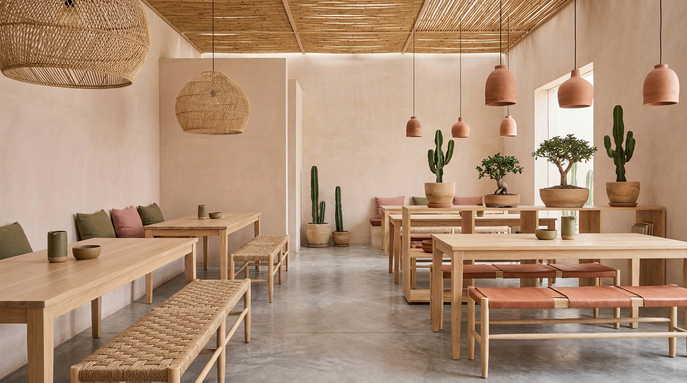 Japandi-Mex fusion restaurant interior featuring light oak communal tables, woven rattan pendant lights, terracotta ceramic accents, and desert cacti against minimalist white walls with polished concrete floors.